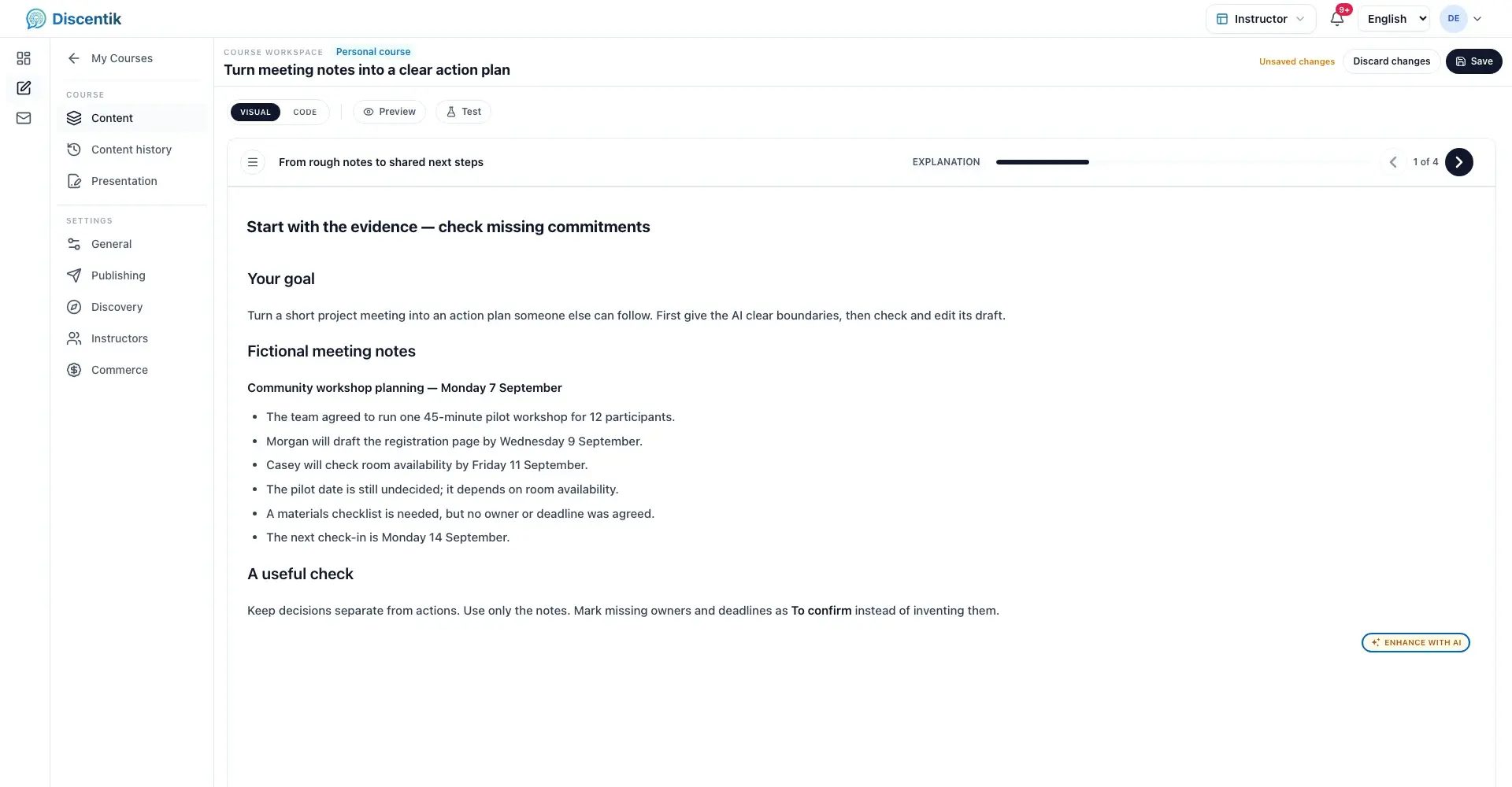 Discentik instructor workspace showing the outline and editor for a sample action-plan course.