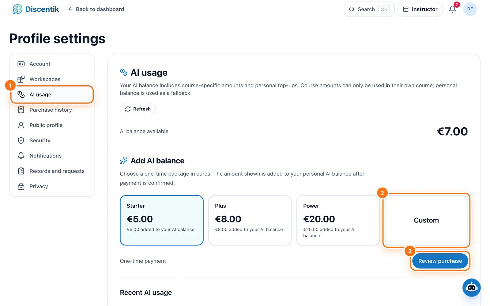 Profile: 1 AI usage, 2 the packages and Custom, 3 Review purchase