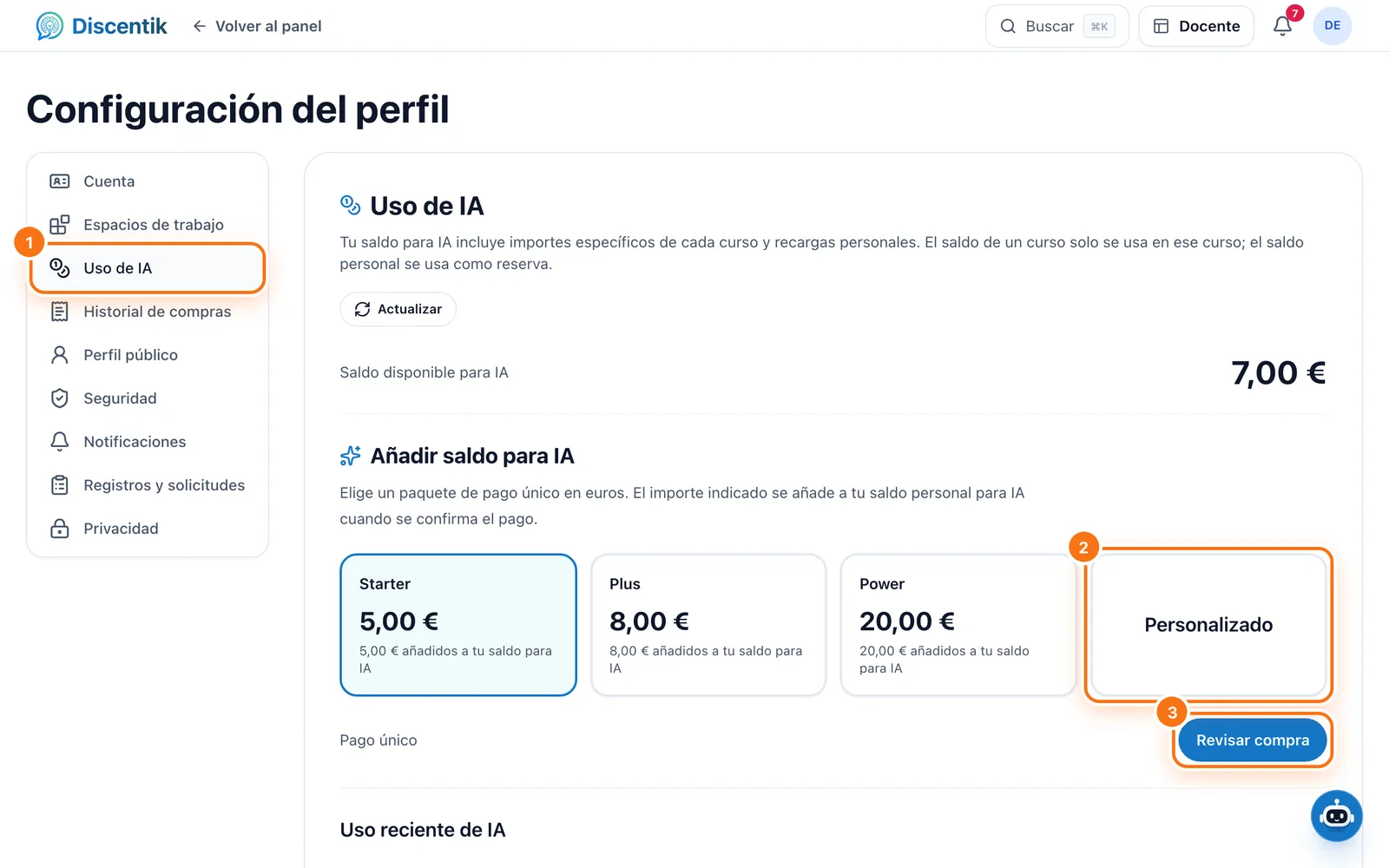 Perfil: 1 Uso de IA, 2 los paquetes y Personalizado, 3 Revisar compra