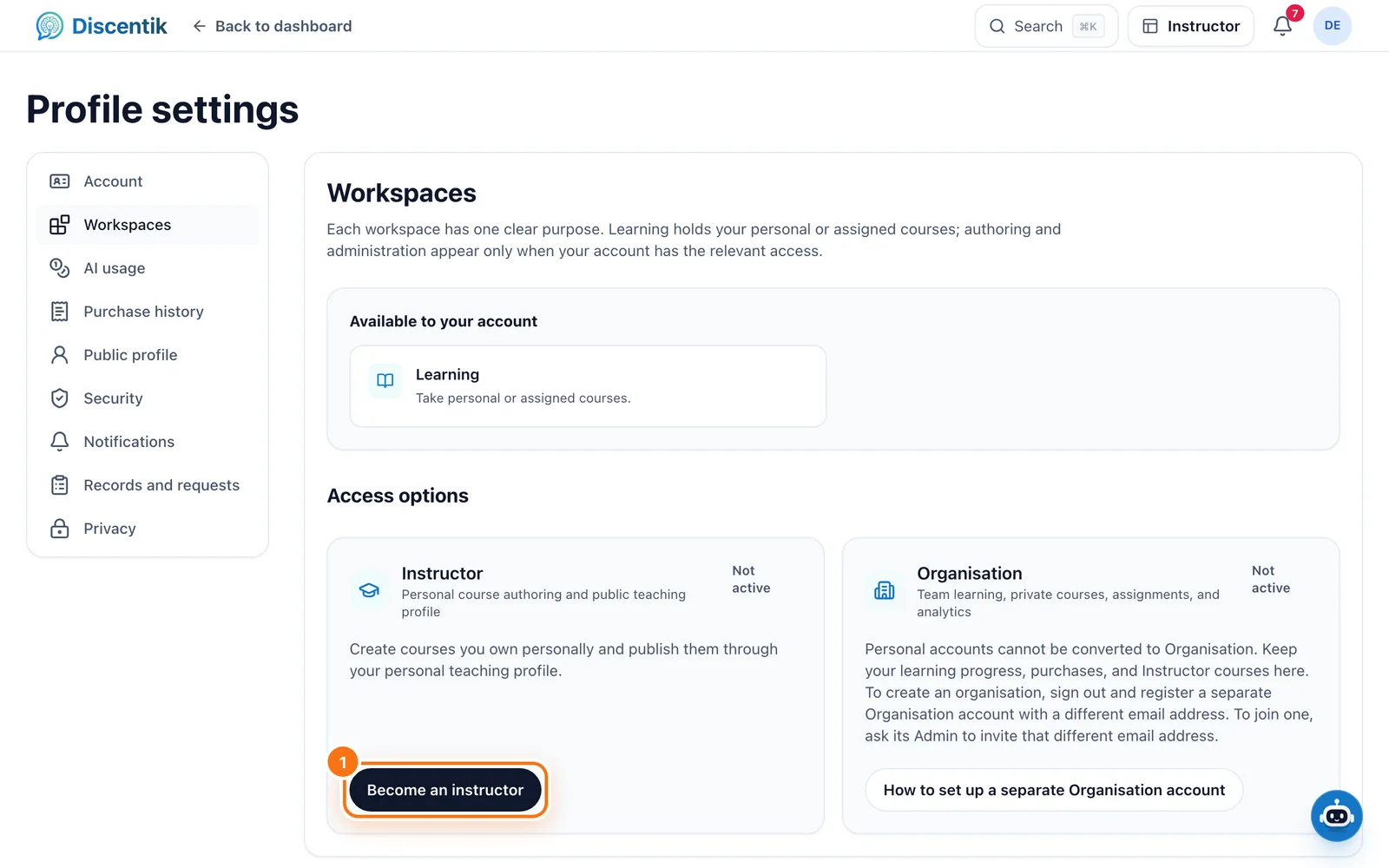 Profile, Workspaces: the Become an instructor button highlighted