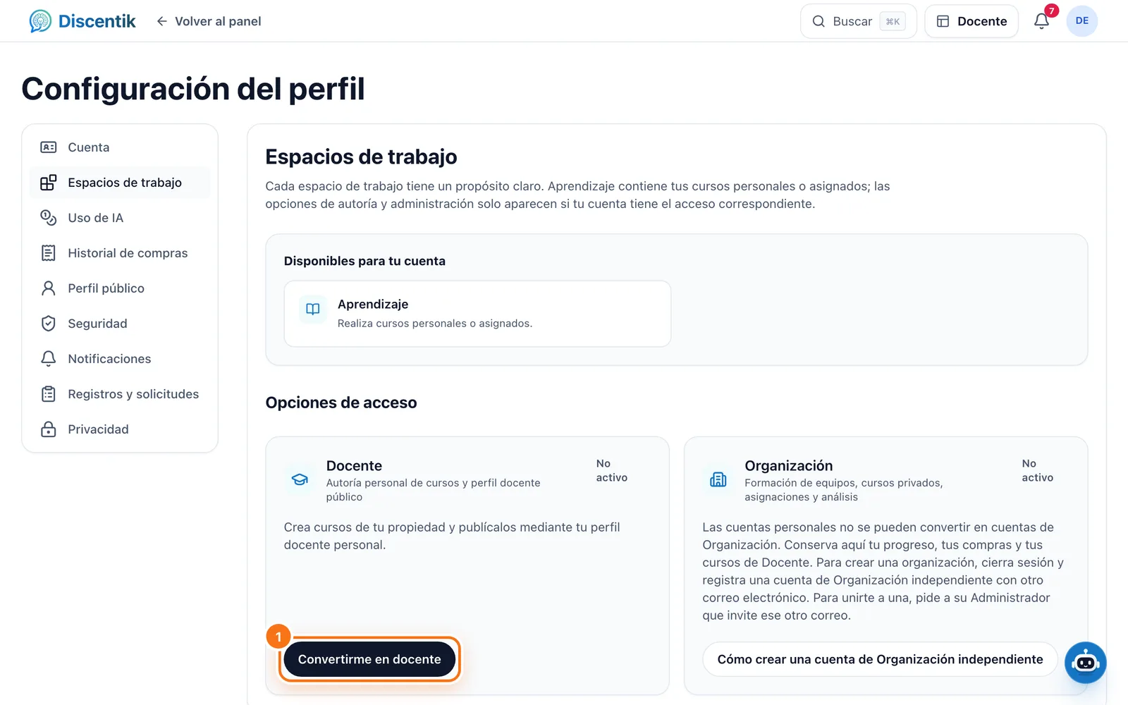 Perfil, Espacios de trabajo: botón Convertirme en docente resaltado