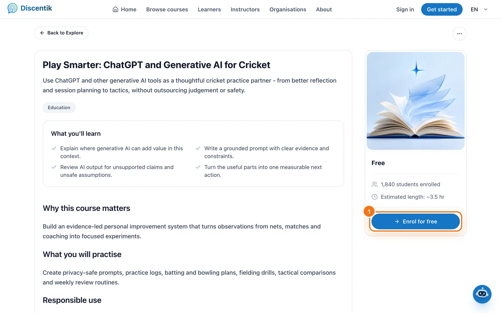 A free course page with the Enrol for free button highlighted
