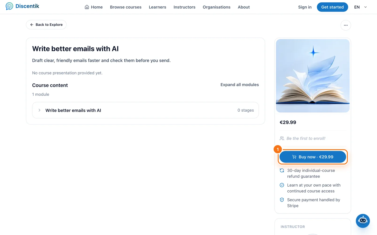 A paid course page with the Buy now button highlighted