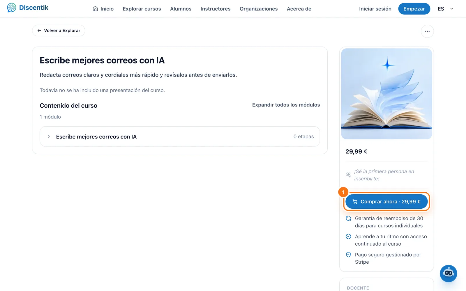 Página de un curso de pago con el botón Comprar ahora resaltado