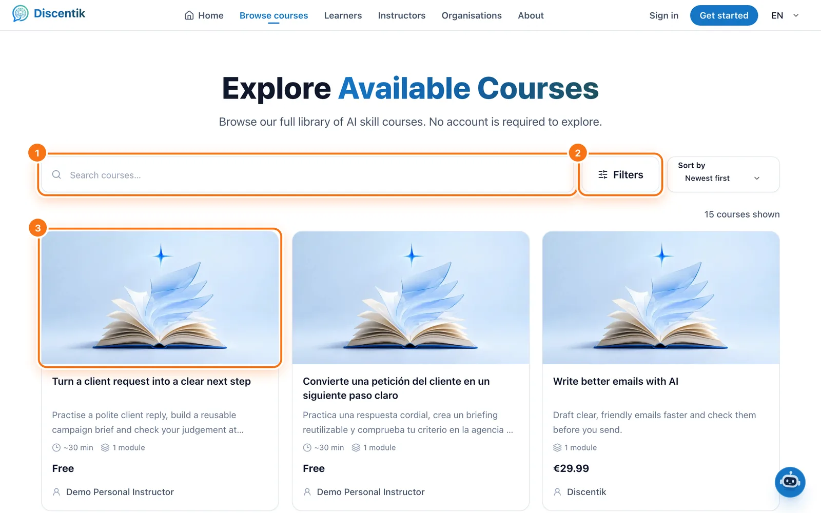The Explore page: 1 search box, 2 Filters button, 3 a course card