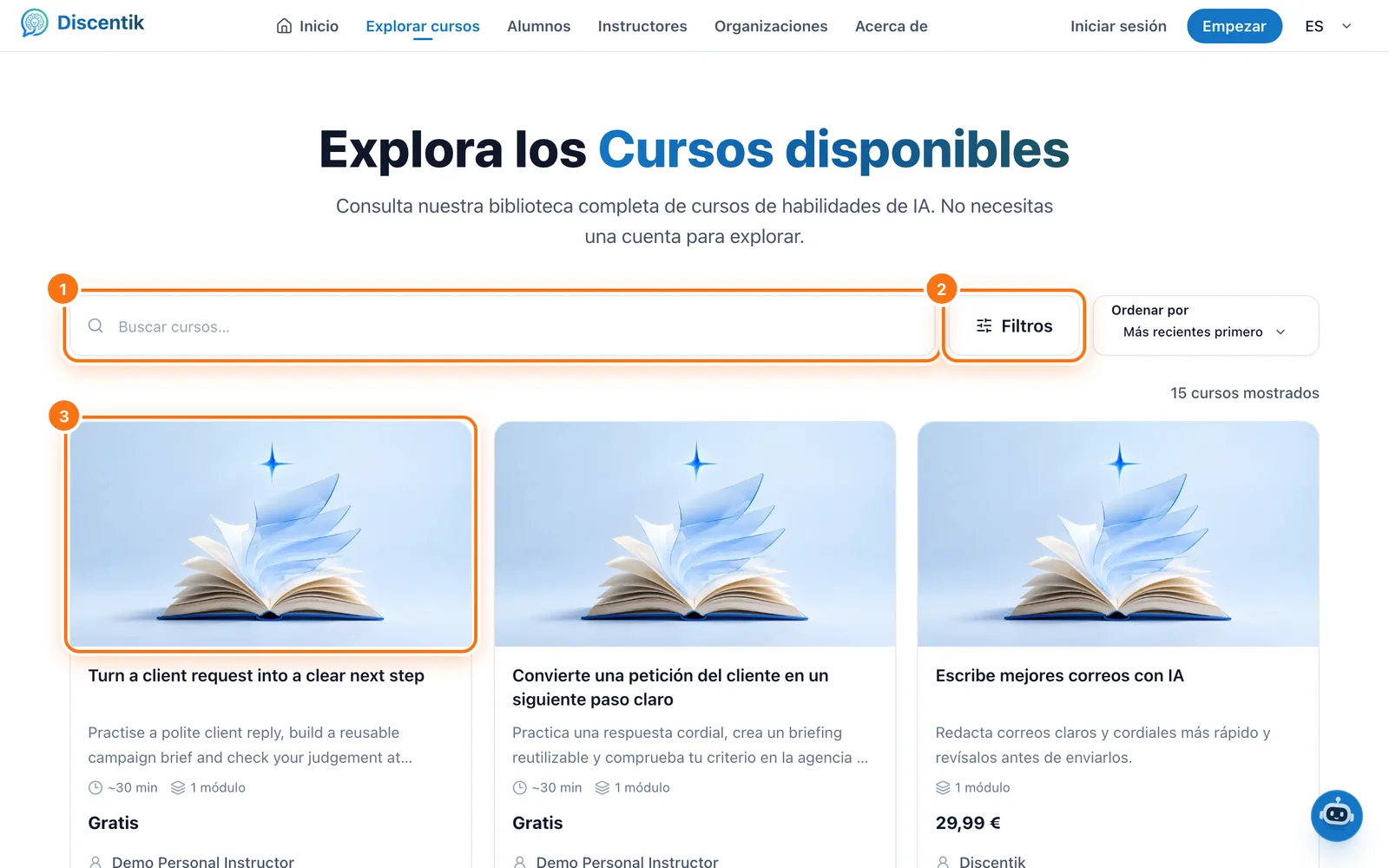 La página Explorar: 1 buscador, 2 botón Filtros, 3 tarjeta de un curso