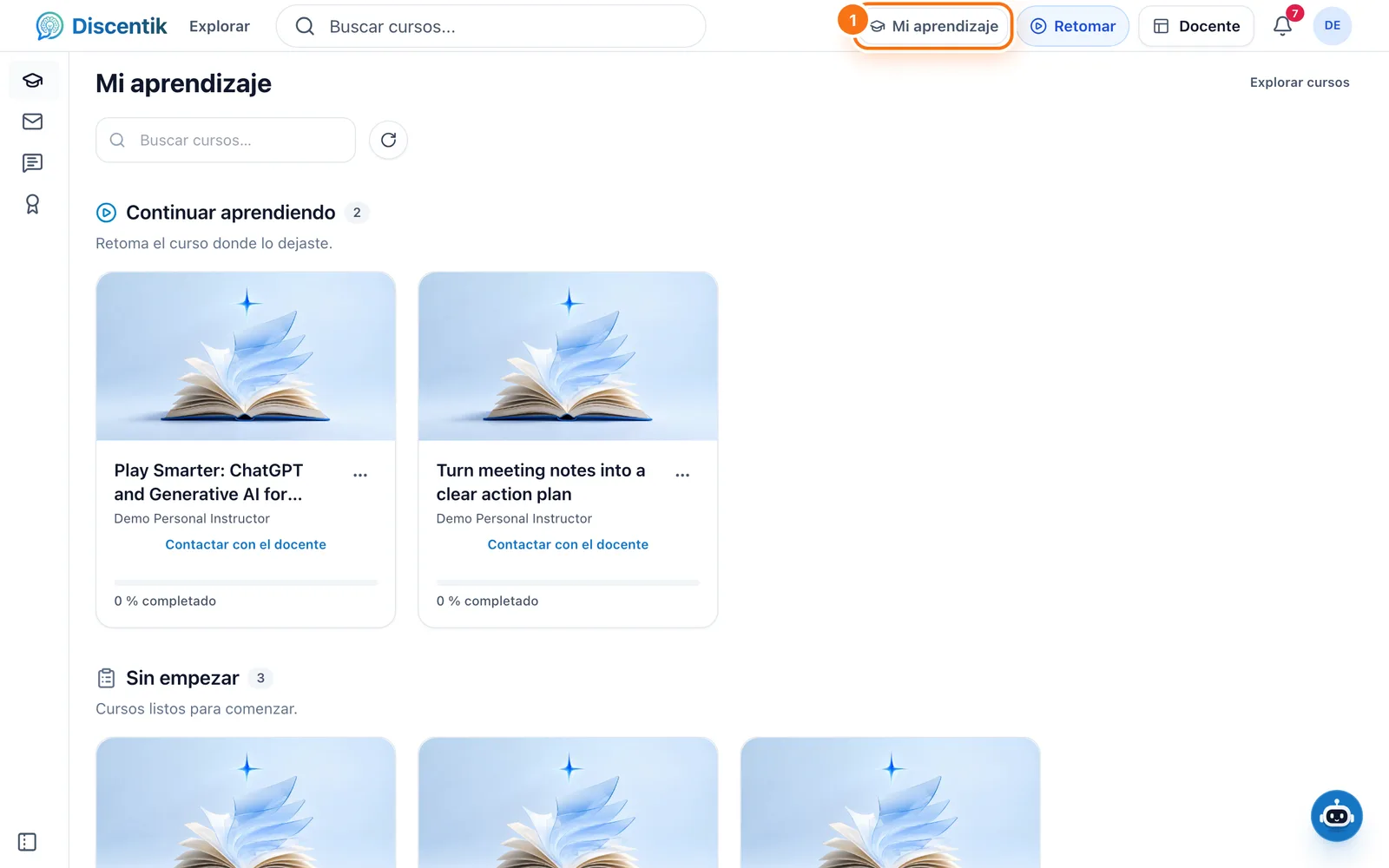 Mi aprendizaje en la barra superior, donde aparecen tus cursos