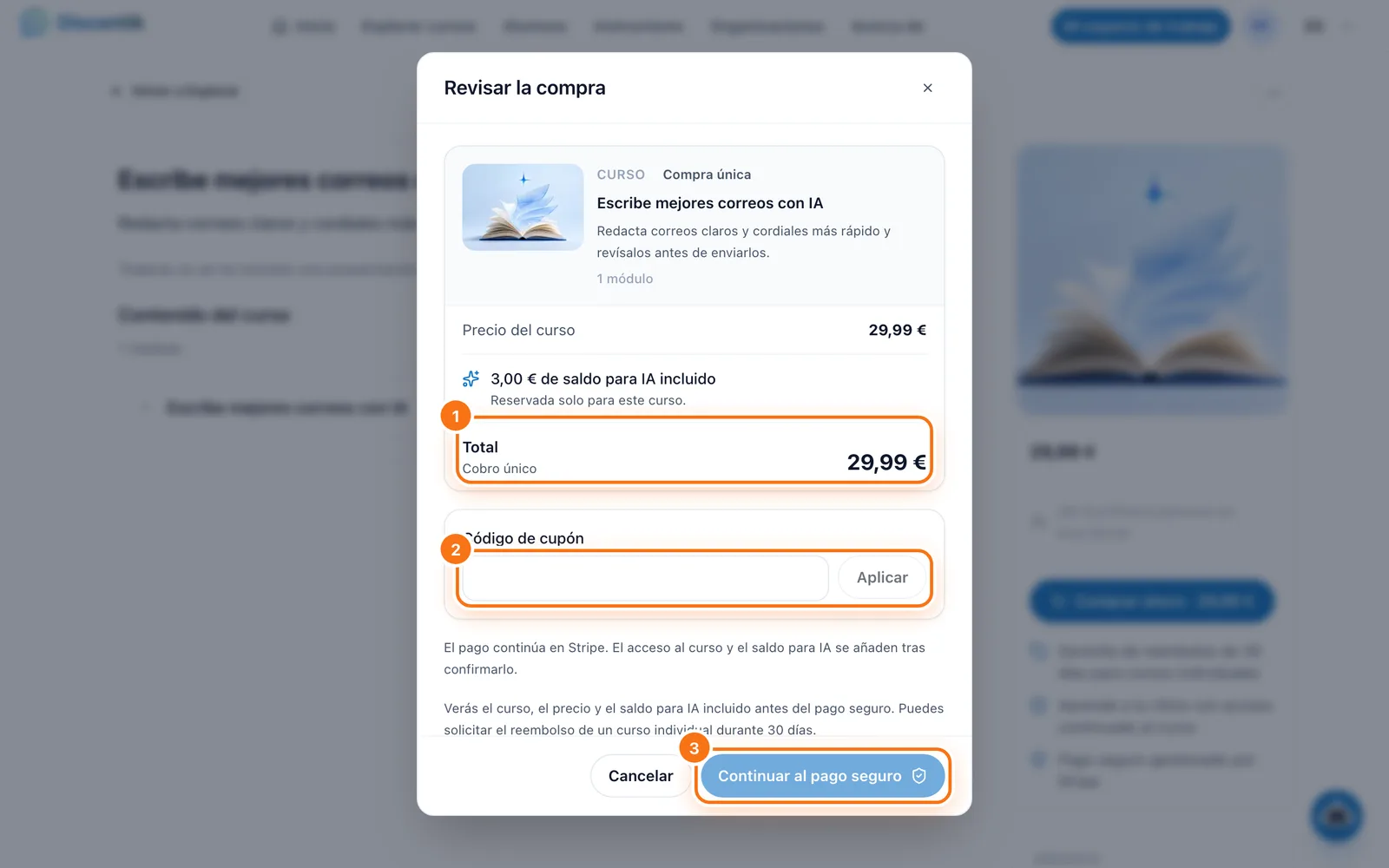 Revisar la compra: 1 precio total, 2 código de cupón, 3 Continuar al pago seguro