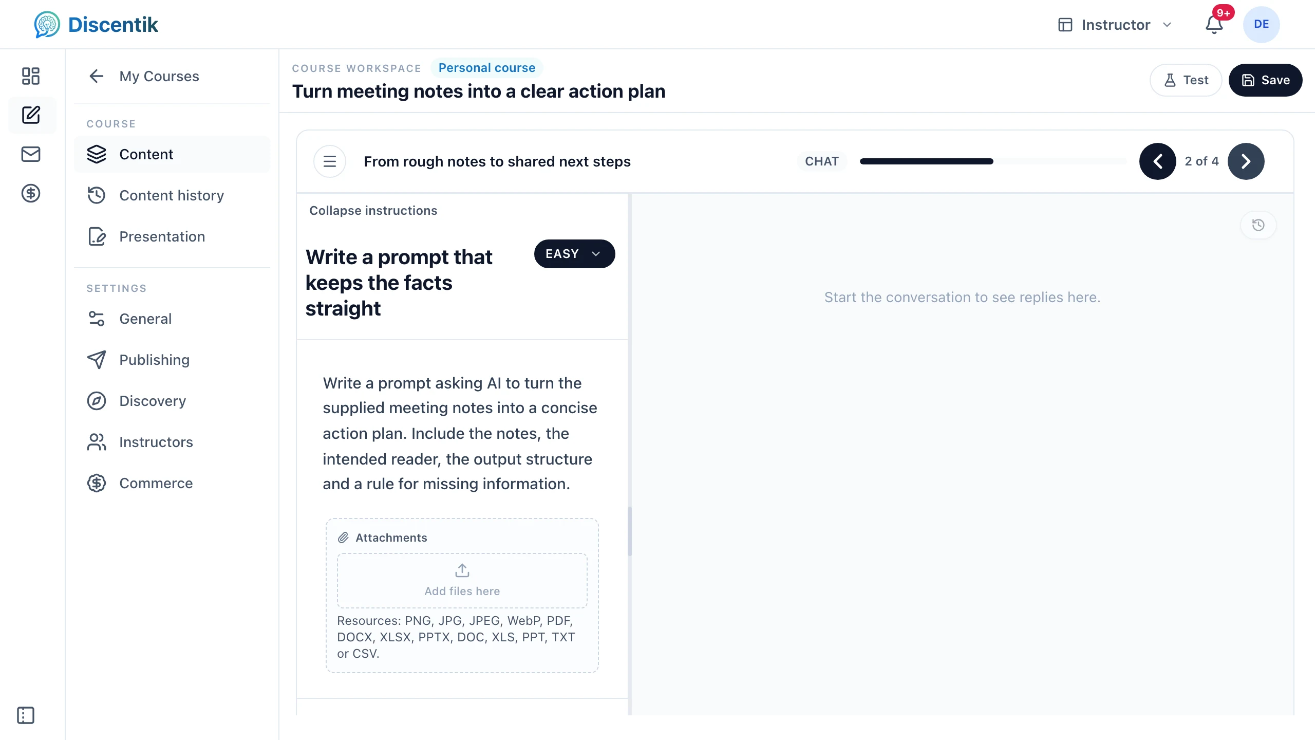 An instructor building a meeting-notes activity in the course editor.