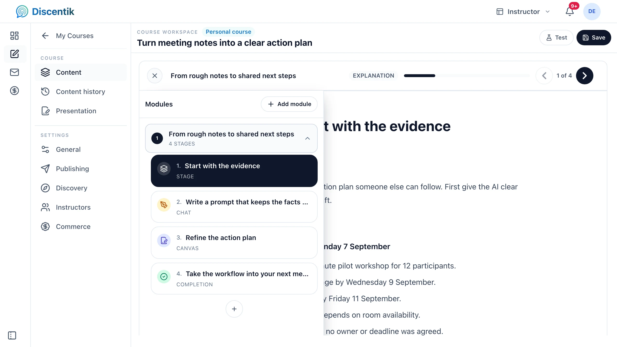 Course outline for Turn meeting notes into a clear action plan in the instructor workspace.