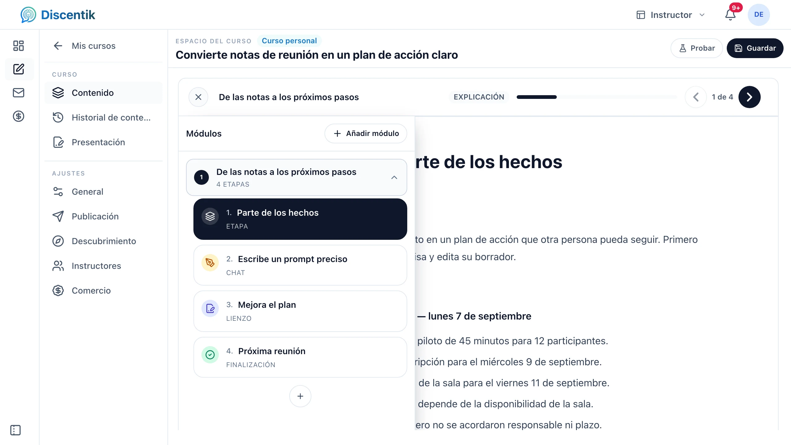 Esquema del curso Convierte las notas de una reunión en un plan de acción en el espacio de Docente.