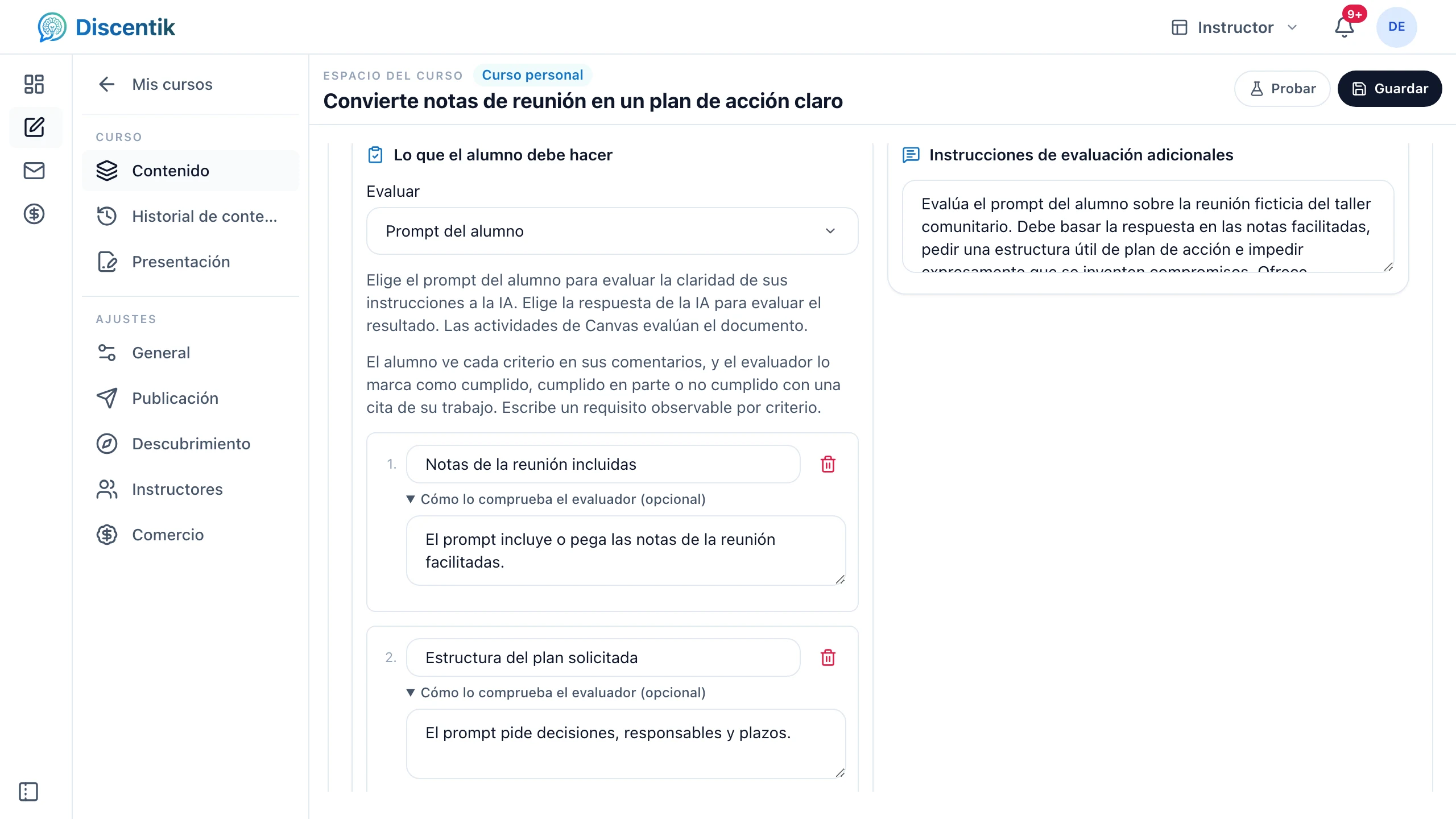 Instrucciones y requisitos para convertir notas de reuniones en un plan de acción.