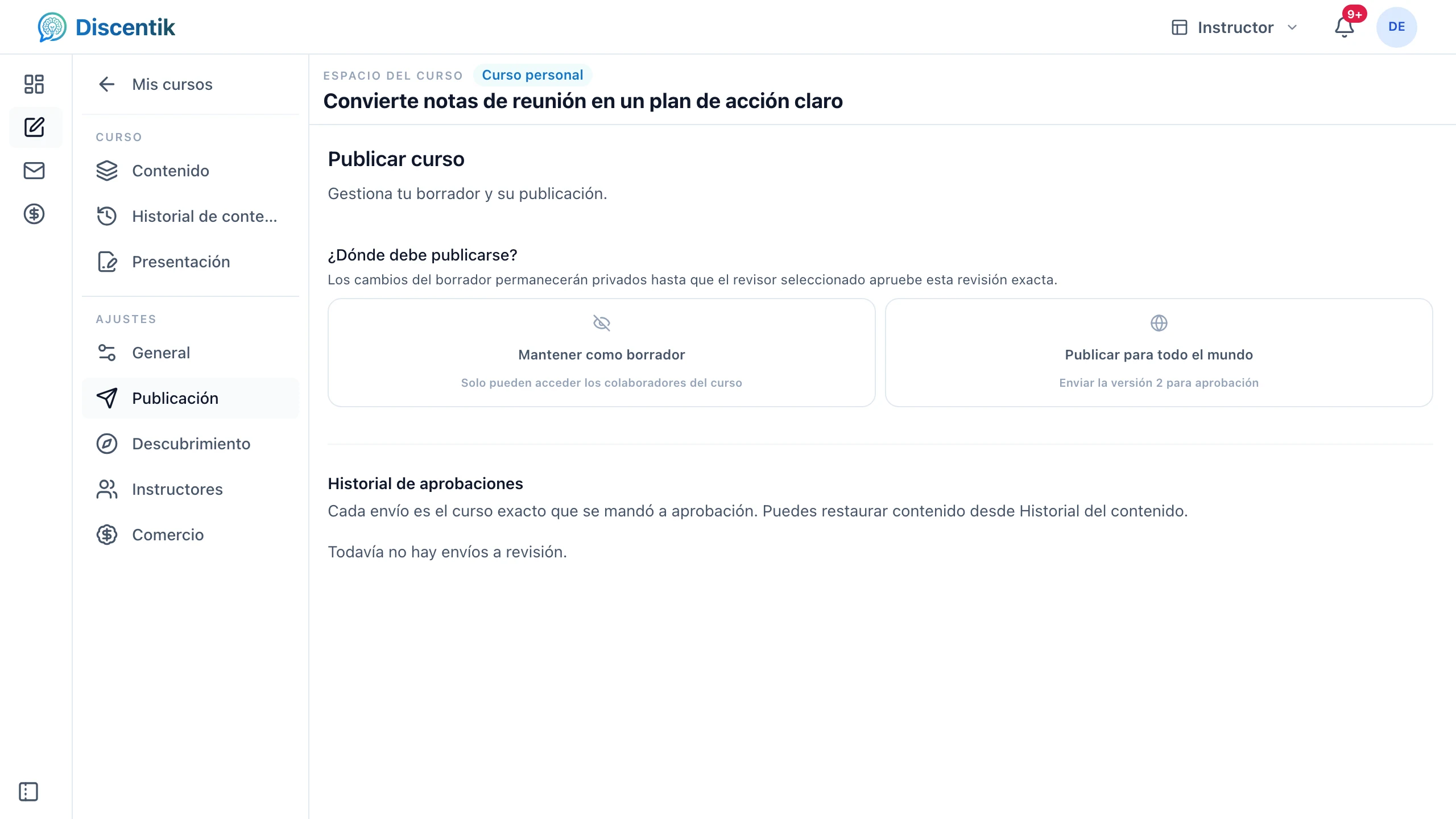 Revisión de los detalles del curso antes de publicarlo.