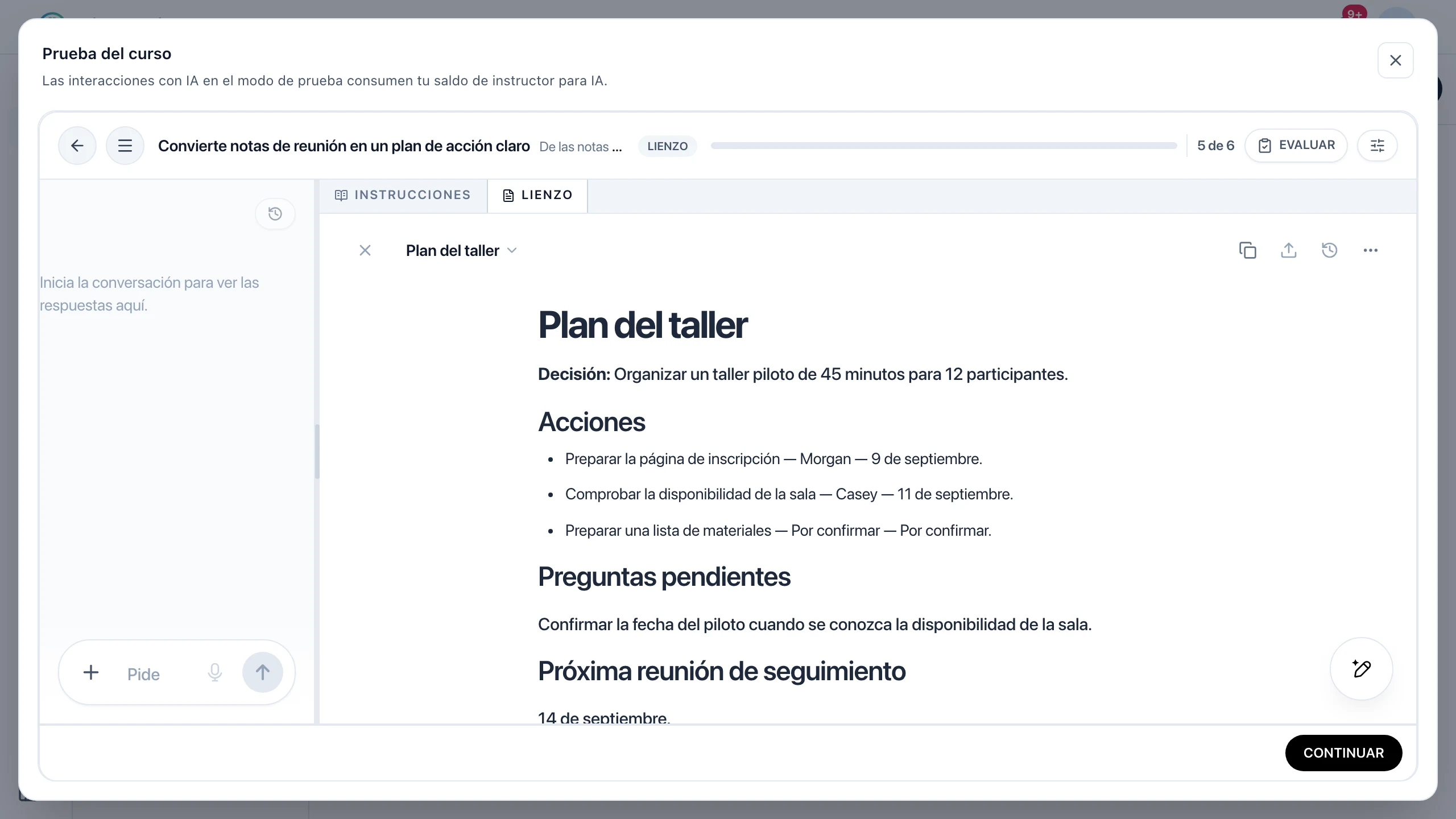 Vista del alumno utilizada para probar y mejorar la actividad sobre notas de reuniones.