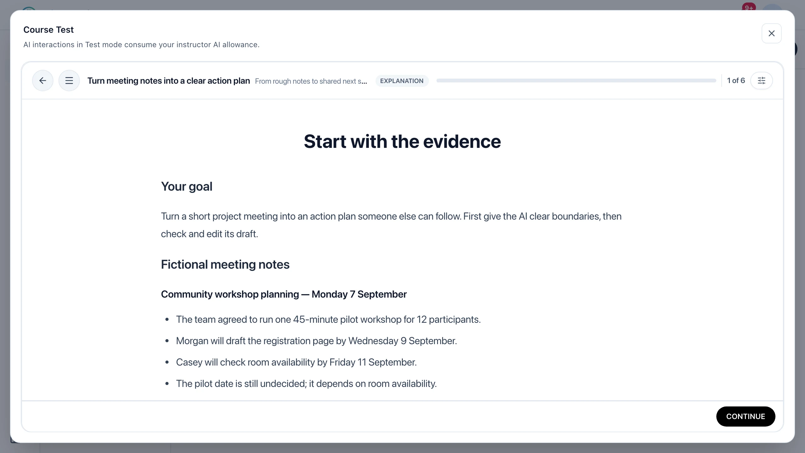 The meeting-notes course open in learner test mode.
