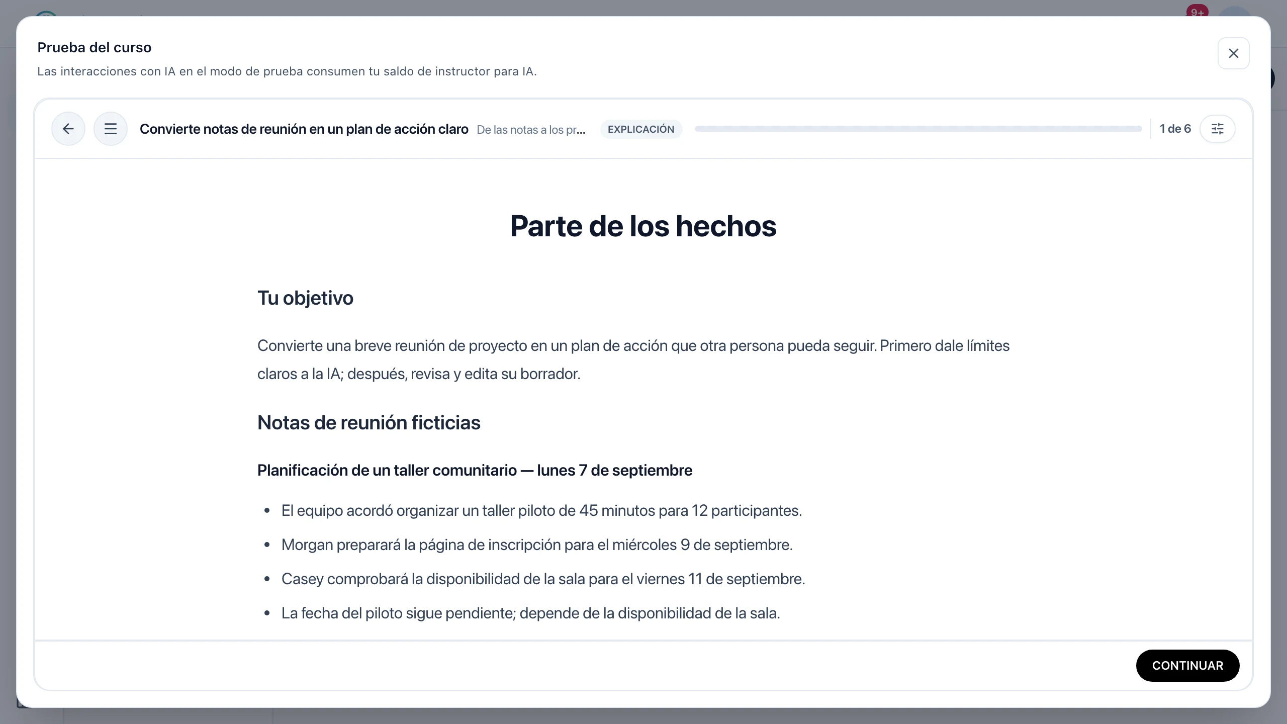 El curso sobre notas de reuniones abierto en el modo de prueba como alumno.