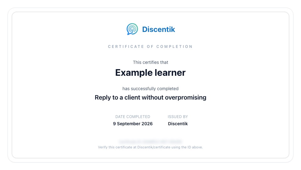 Example course completion certificate for an example learner, with the certificate ID obscured.