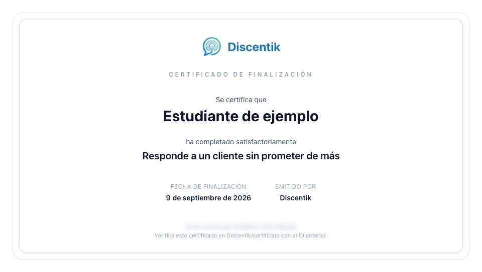 Certificado de finalización de ejemplo para un estudiante de ejemplo, con el identificador oculto.