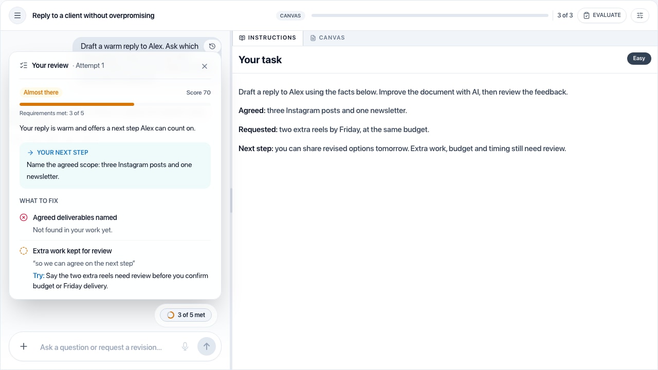 AI feedback shows the next step and the requirements still missing beside the same reply in Canvas.