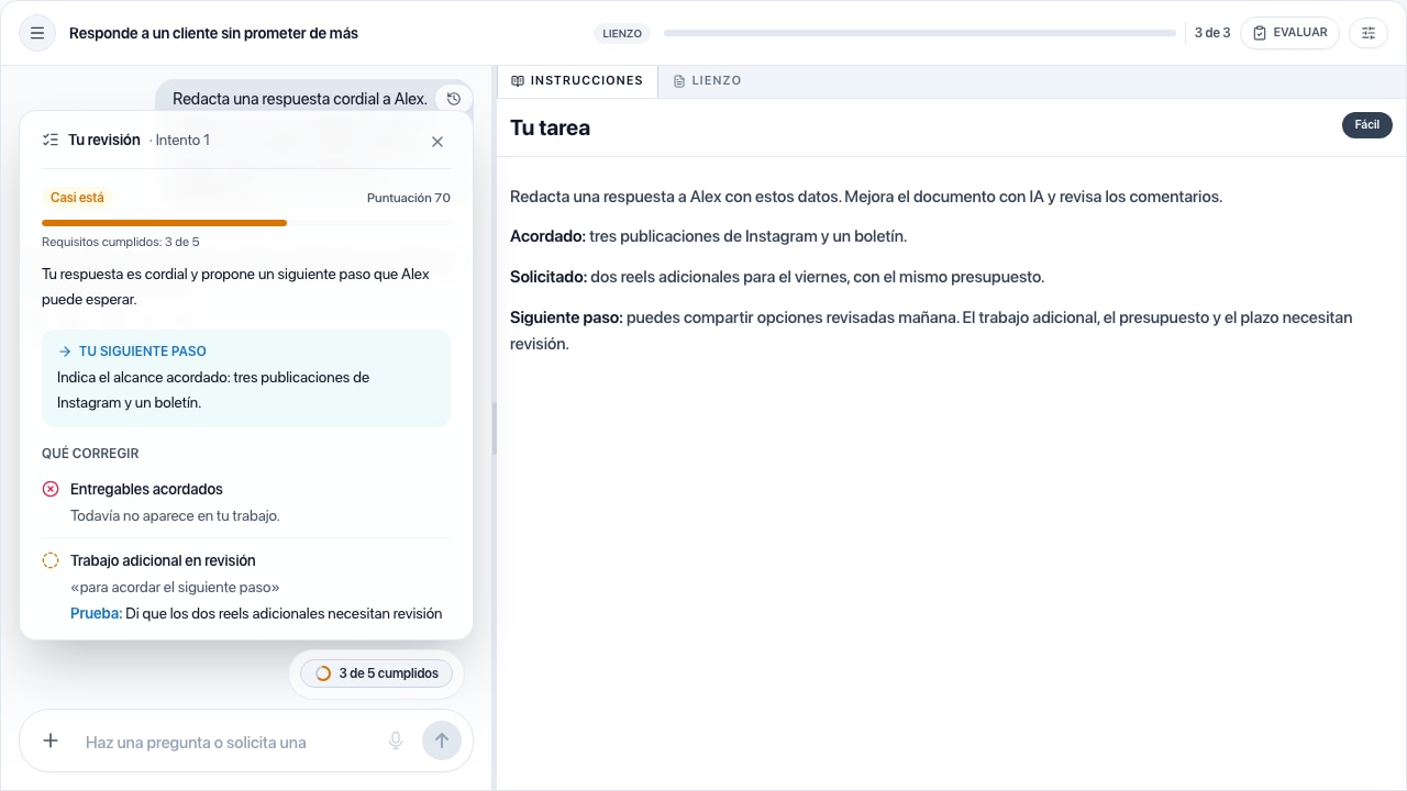 Los comentarios de la IA muestran el siguiente paso y los requisitos que faltan junto a la misma respuesta en Canvas.