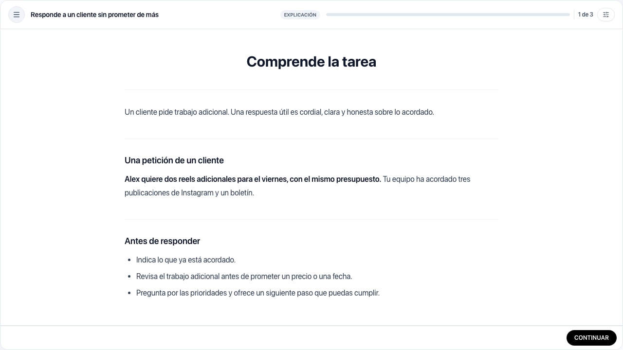 Introducción sobre la petición de trabajo adicional de Alex y cómo responder.