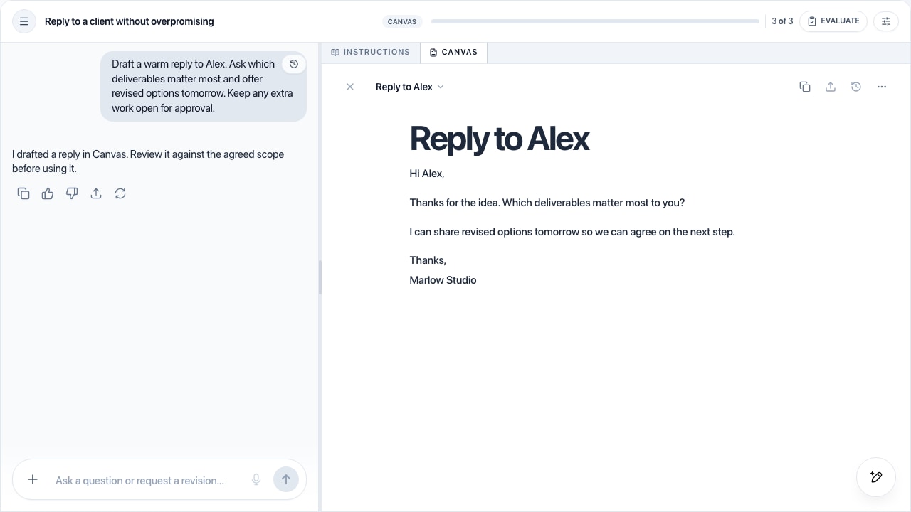 Canvas with an AI conversation beside the draft reply to Alex.