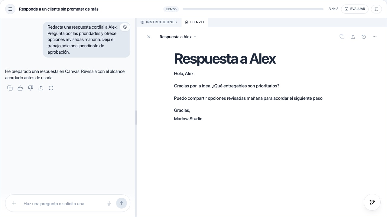 Canvas con una conversación con IA junto al borrador de respuesta a Alex.
