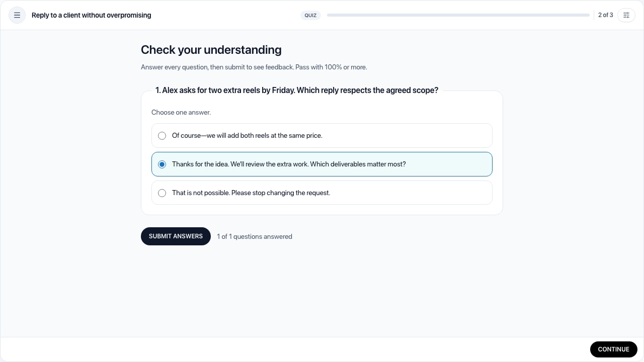 Quiz about responding to the same client request, with one answer selected.