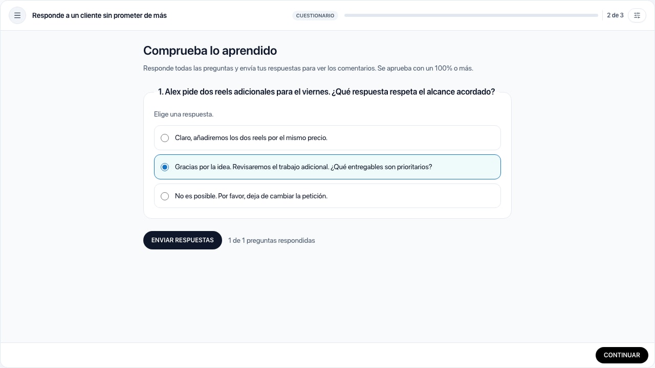 Cuestionario sobre la misma petición del cliente, con una respuesta seleccionada.