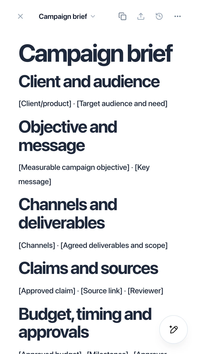 Canvas editor with a sample campaign brief covering the client, audience and objectives.