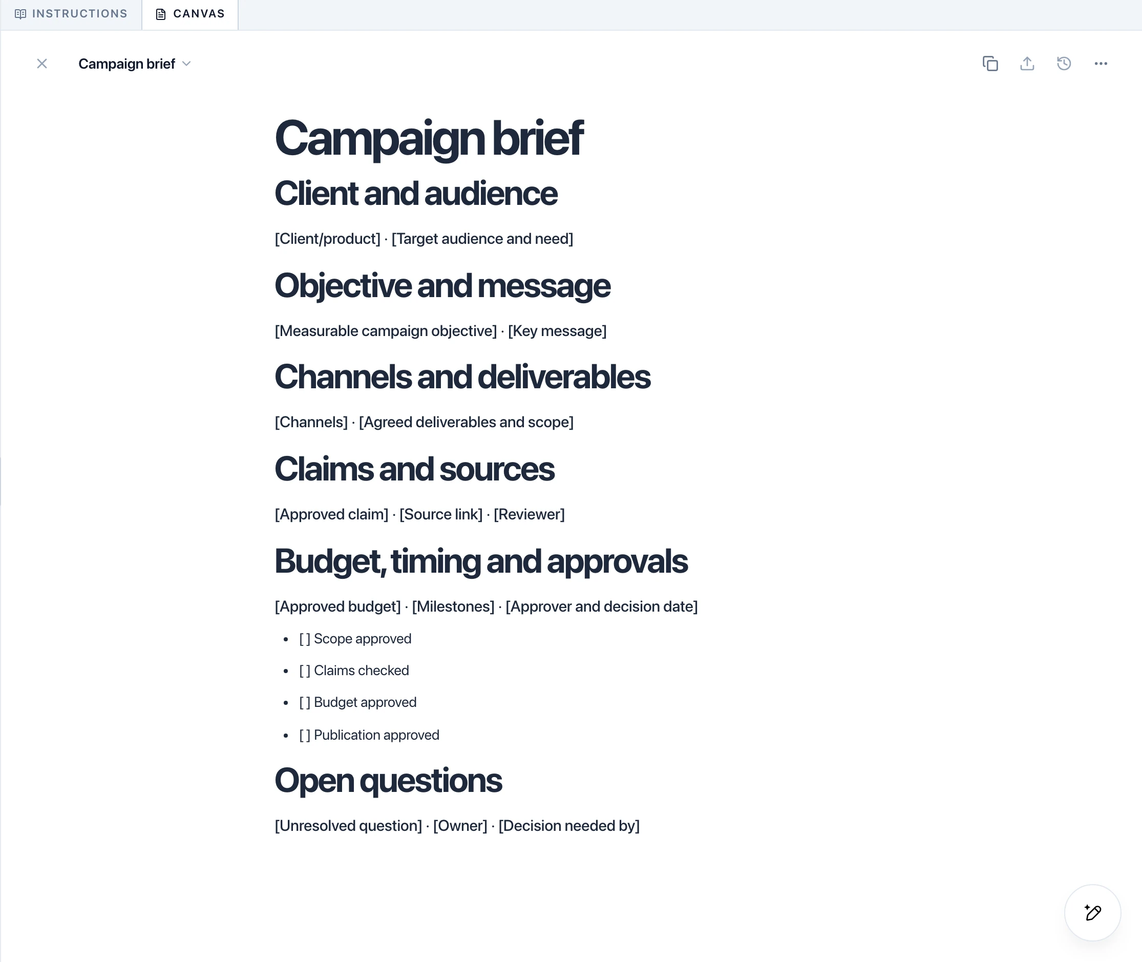Canvas workspace with a reusable campaign brief and an approval checklist.
