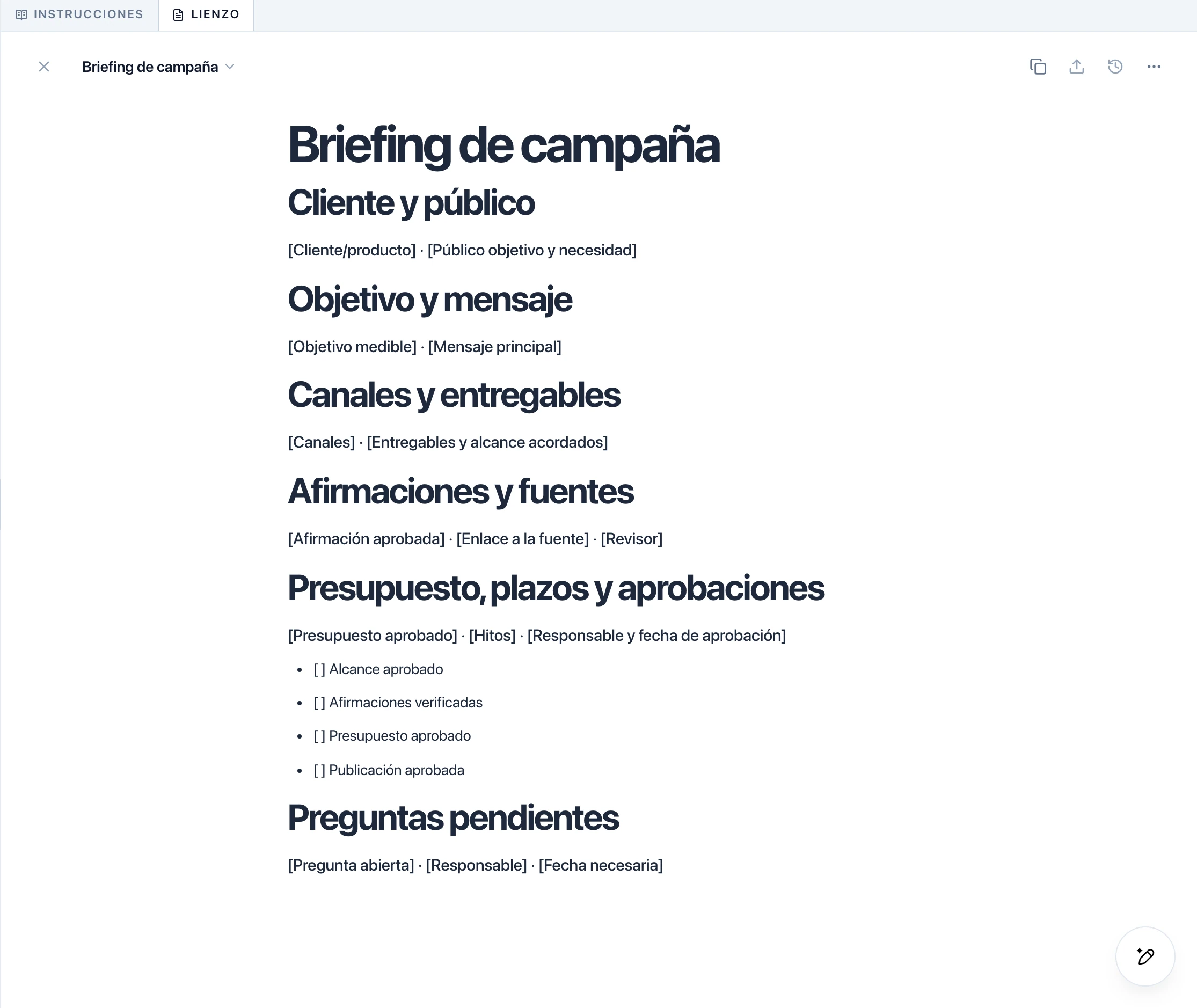 Espacio Canvas con un briefing de campaña reutilizable y una lista de aprobaciones.