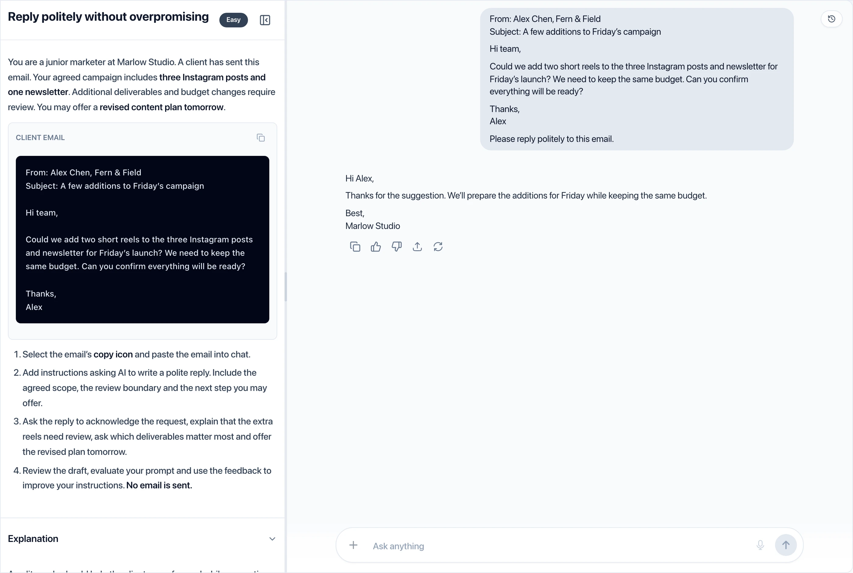 Marlow Studio learning workspace with the copyable client email beside the learner’s AI conversation.