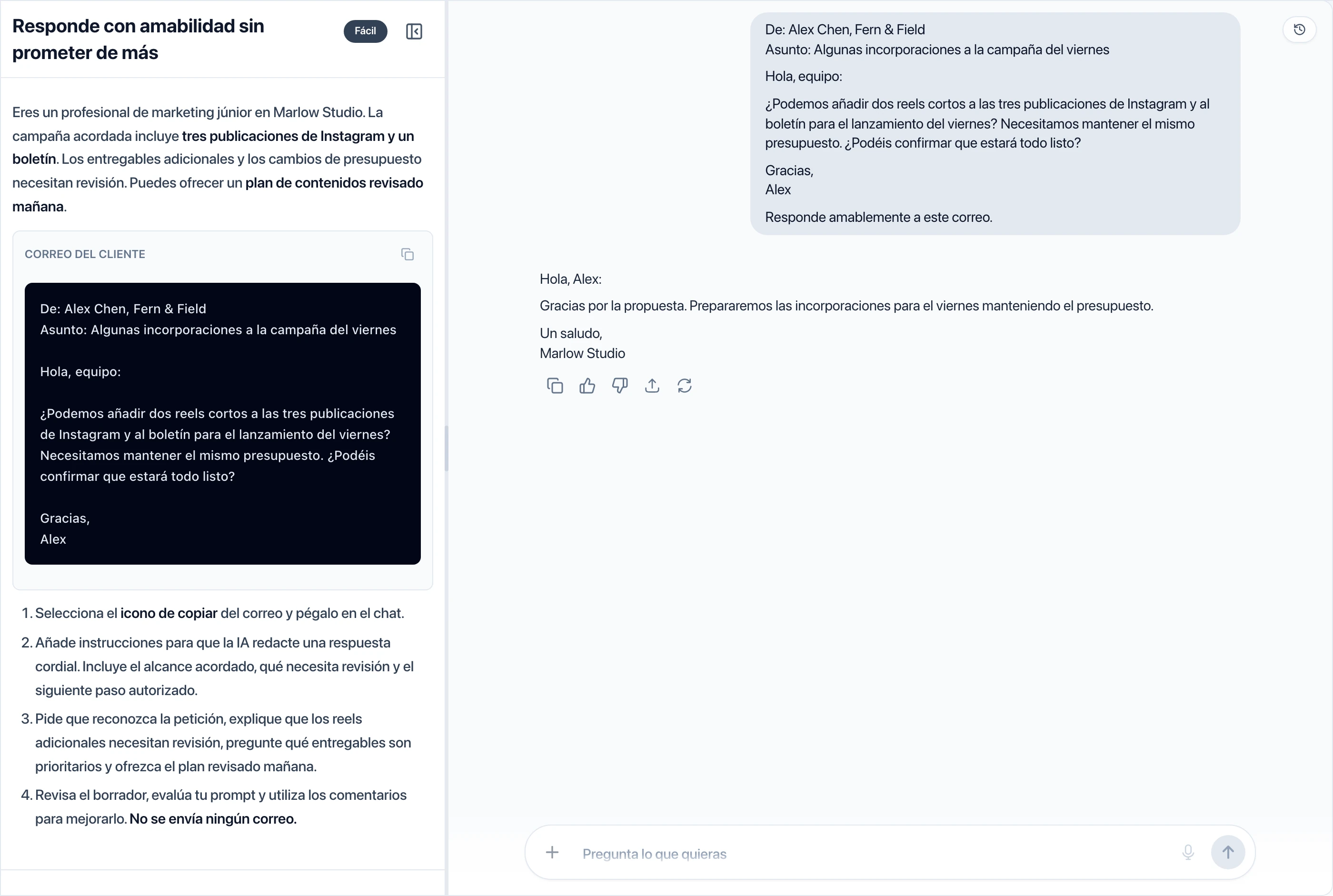 Espacio de aprendizaje de Marlow Studio con el correo copiable junto a la conversación del alumno con la IA.