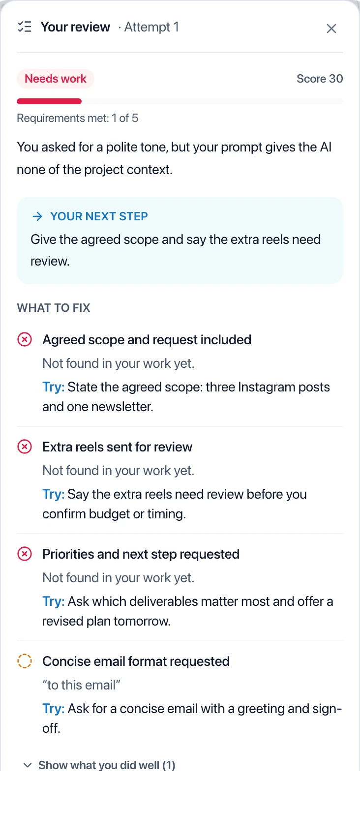 Sample prompt feedback identifying missing agreed scope and approval boundaries.