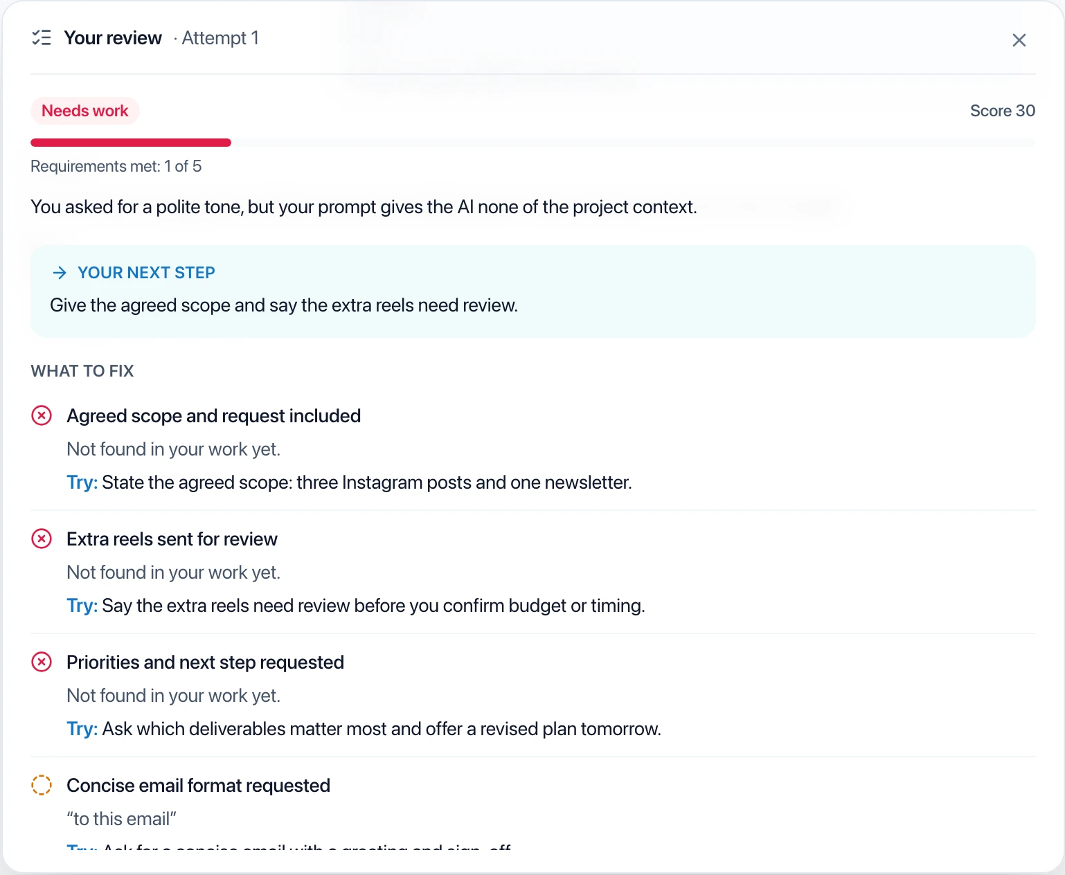 Sample prompt feedback identifying missing agreed scope and approval boundaries.