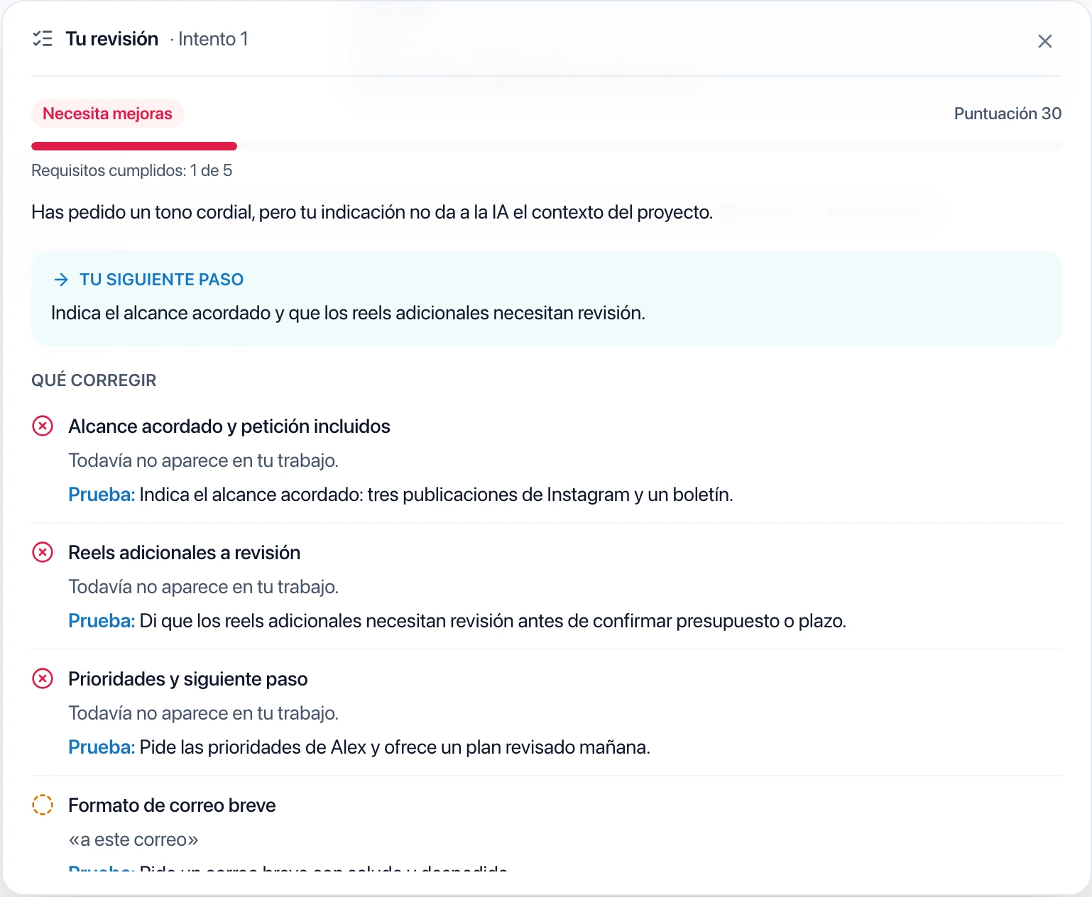 Comentarios de ejemplo que señalan la falta de alcance acordado y límites de aprobación.