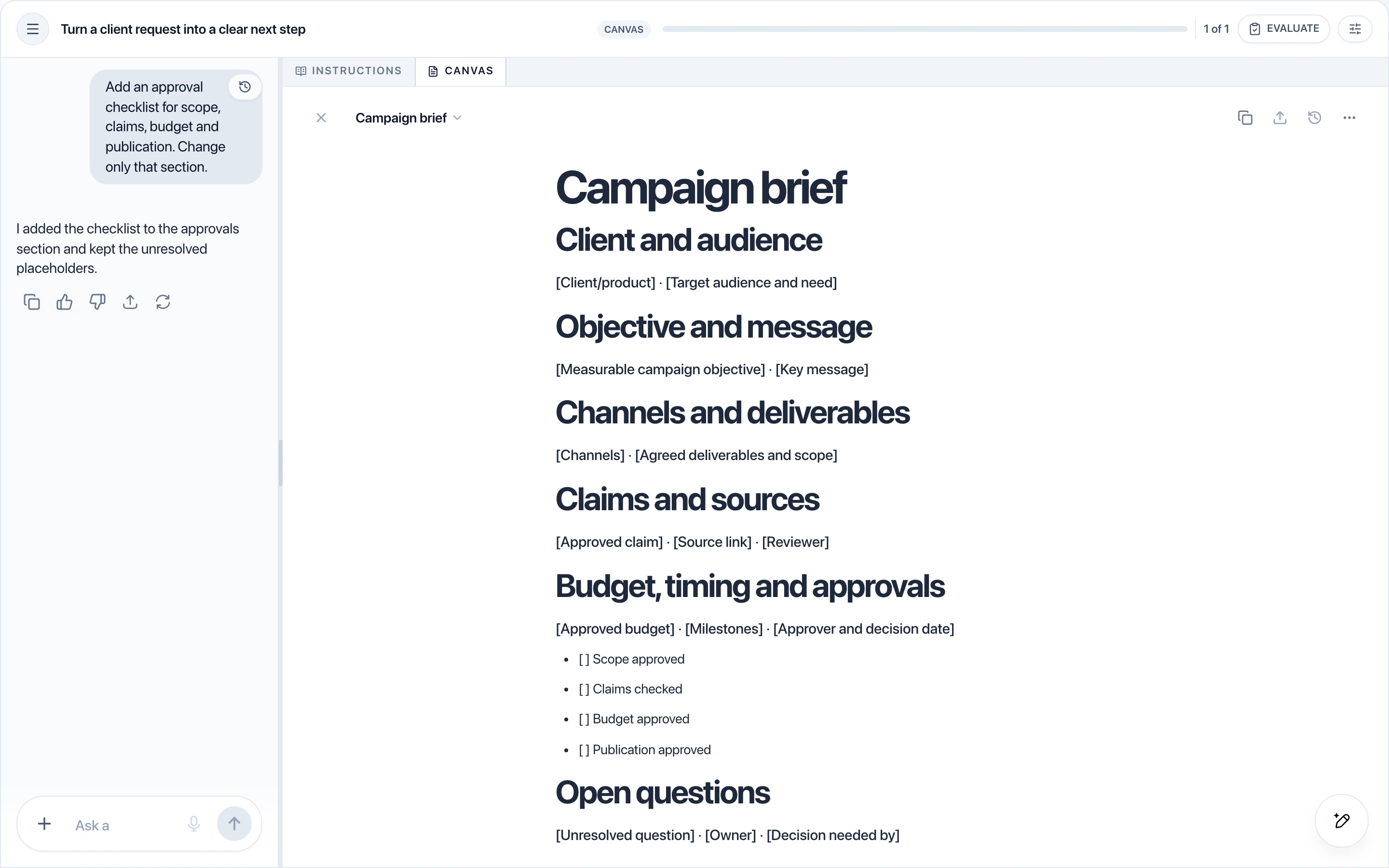 Canvas workspace with a reusable campaign brief and an approval checklist.