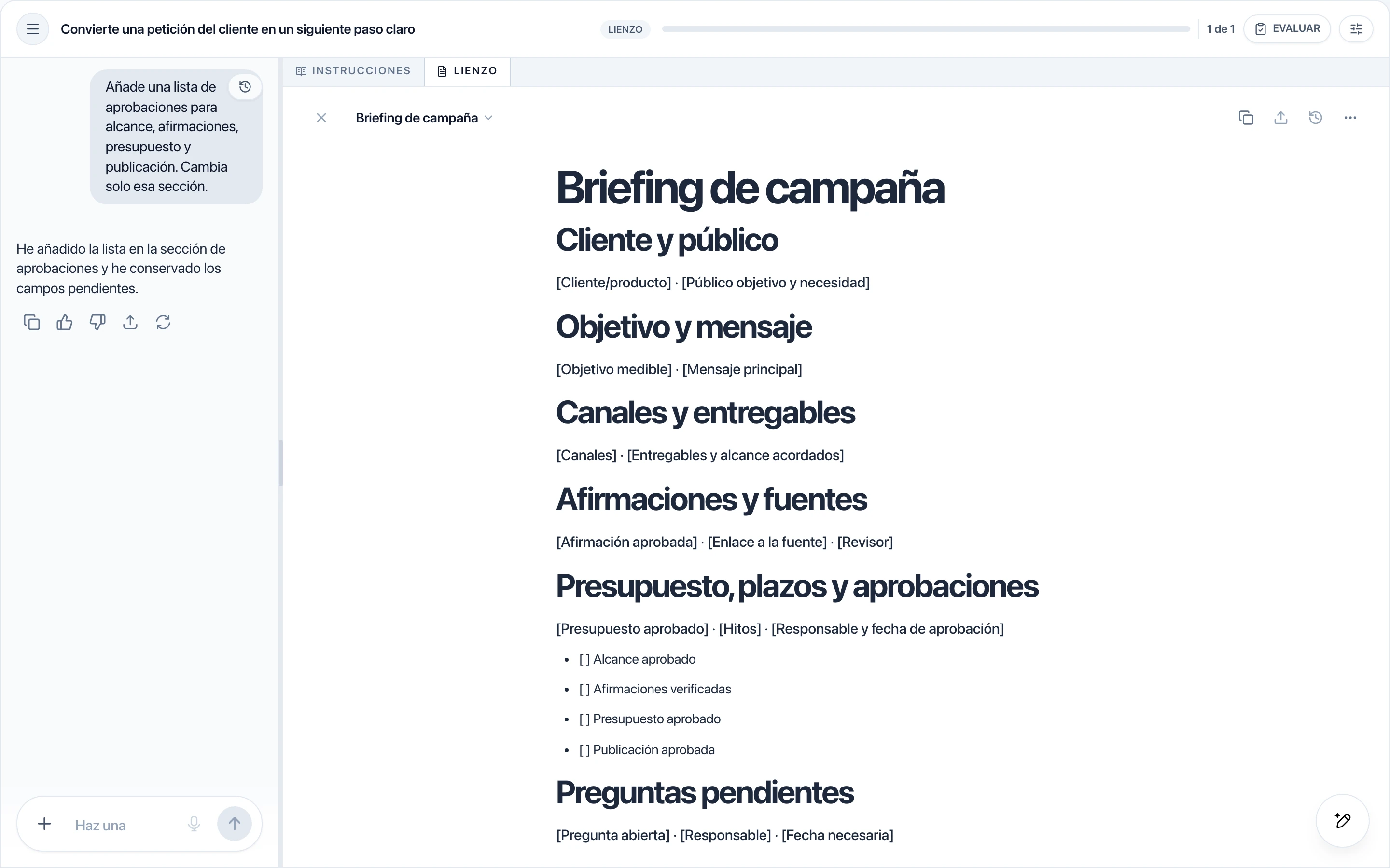 Espacio Canvas con un briefing de campaña reutilizable y una lista de aprobaciones.