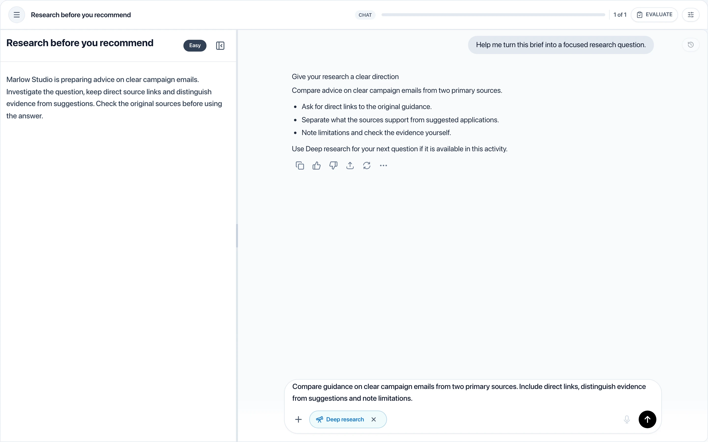 Real Chat interface in a fictional research exercise, with a prepared conversation and draft question, and Deep research selected before sending.