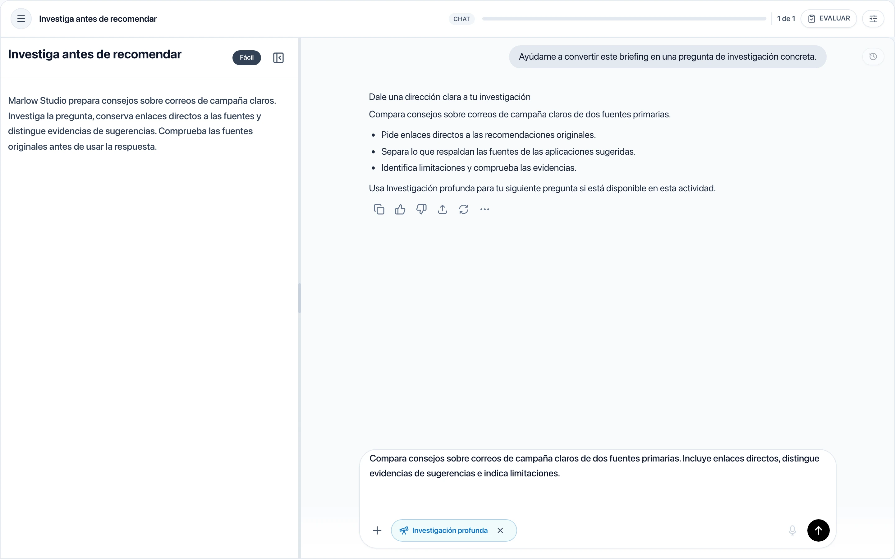Interfaz real de Chat en un ejercicio ficticio de investigación, con conversación y pregunta de ejemplo preparadas e Investigación profunda seleccionada antes de enviar.