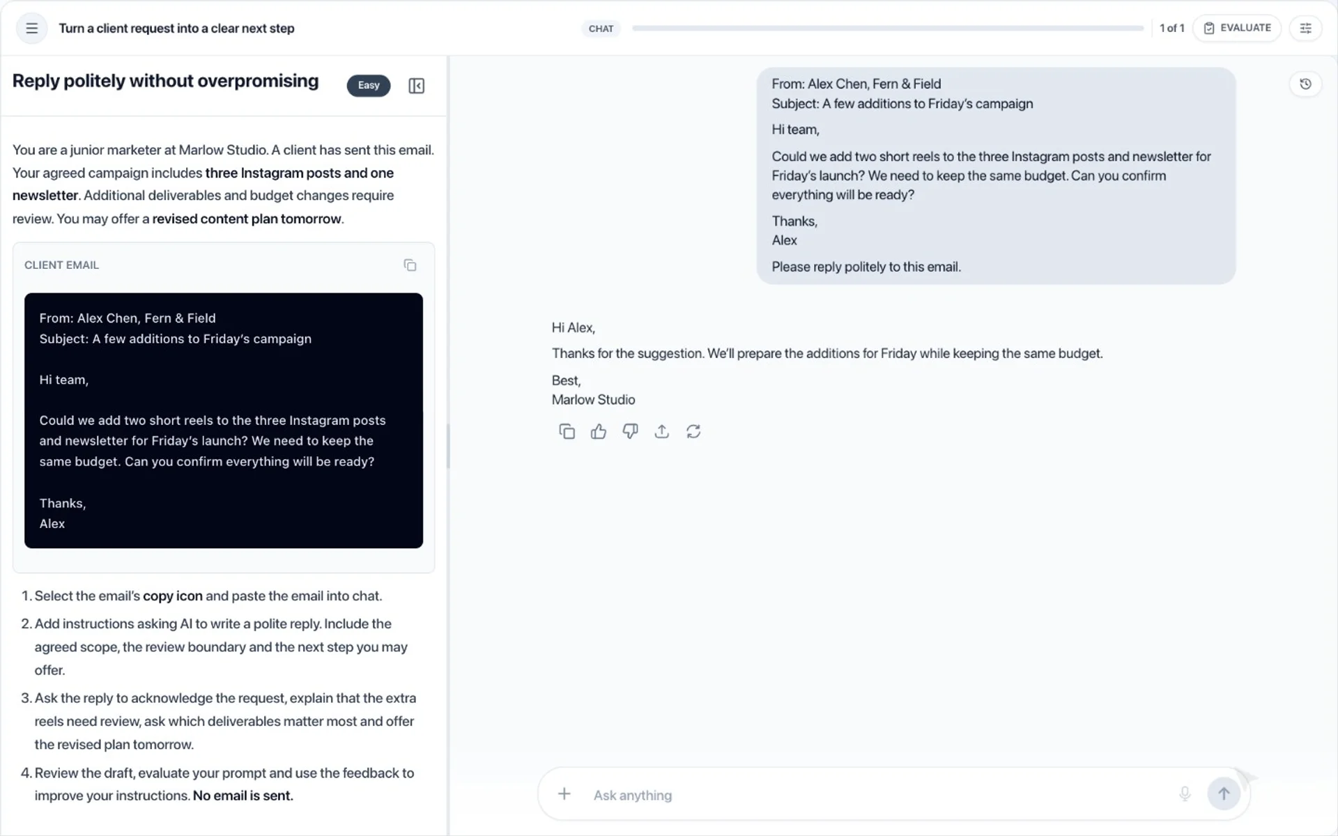 The learner evaluates the prompt and opens a review with 1 of 5 requirements met and a next step.