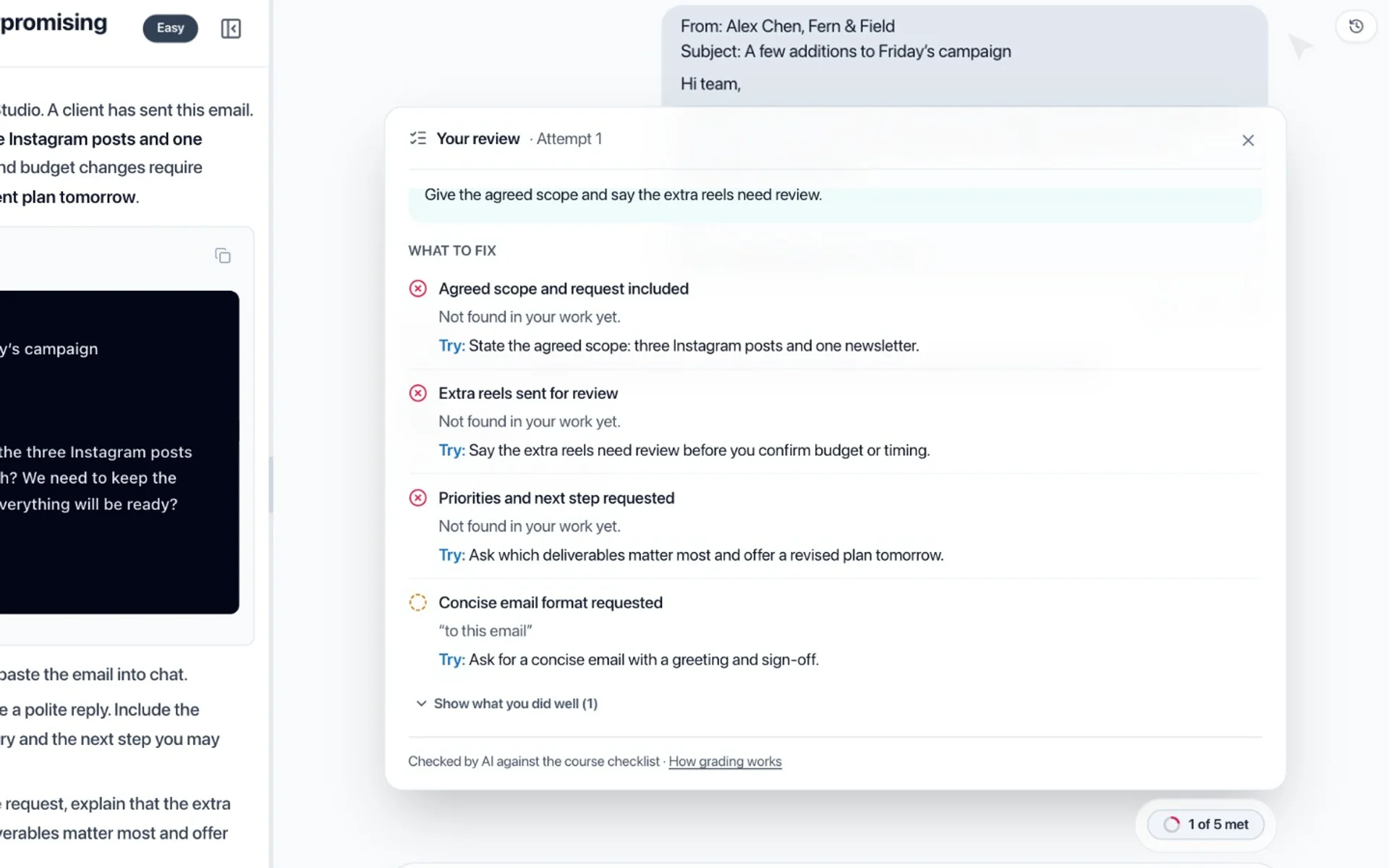 The learner writes a more specific prompt and gets a reply that states the agreed scope.