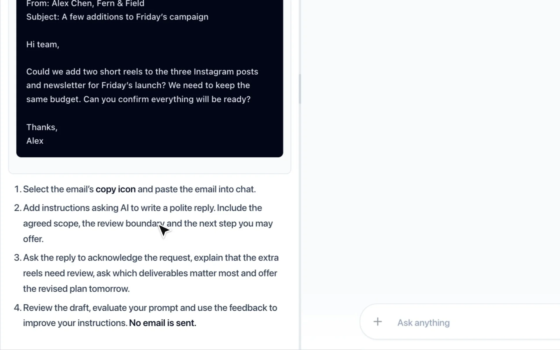 A learner pastes the client email, asks AI for a polite reply and gets a first answer.