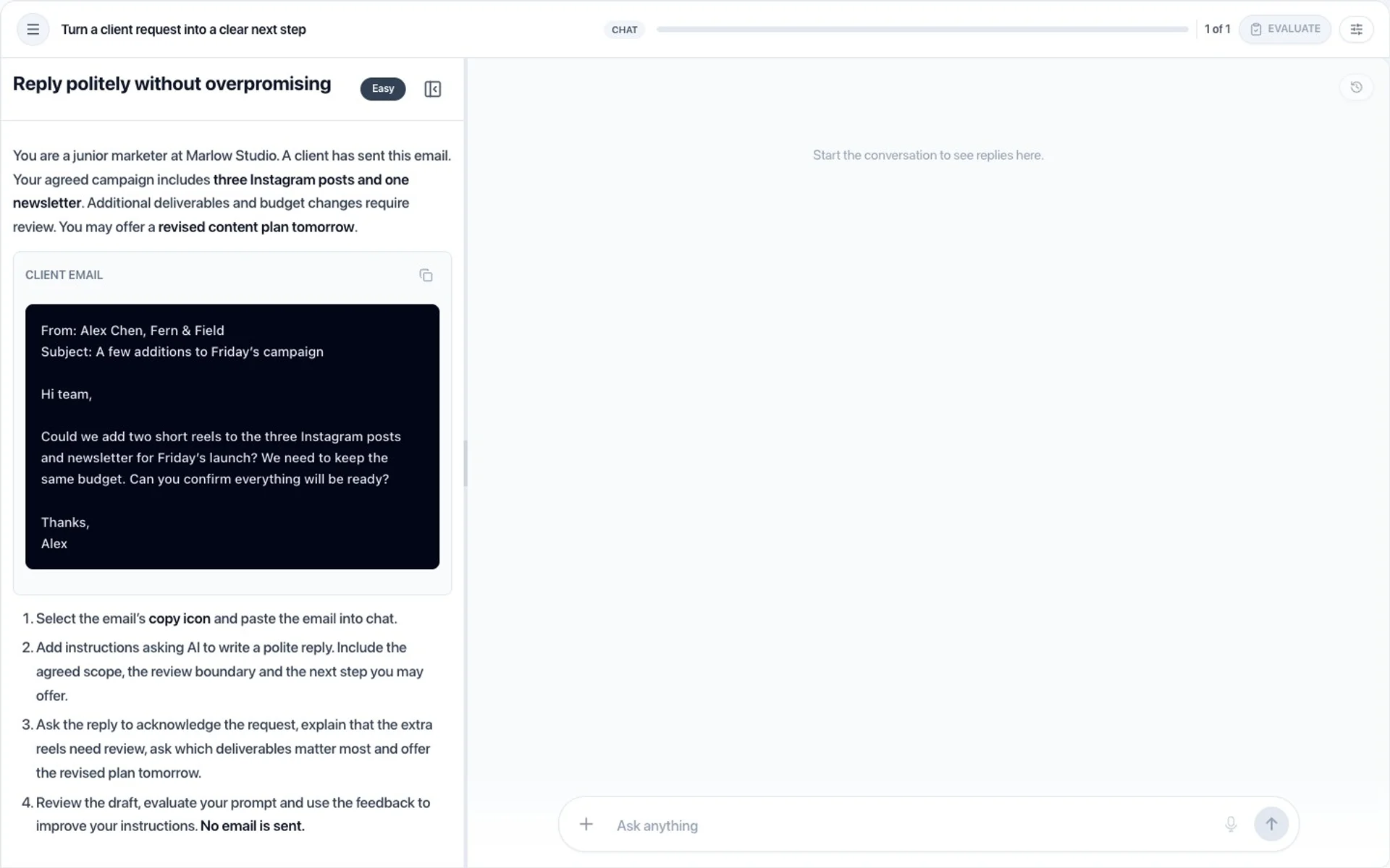 A learner reads the Marlow Studio brief, the client email and the activity steps.